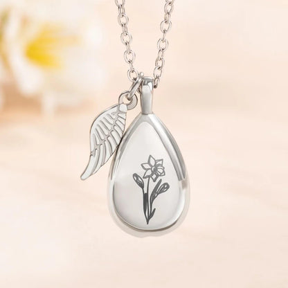 Custom Birth Flower Urn Necklace with Wing