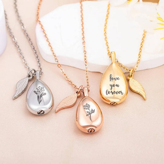 Custom Birth Flower Urn Necklace with Wing