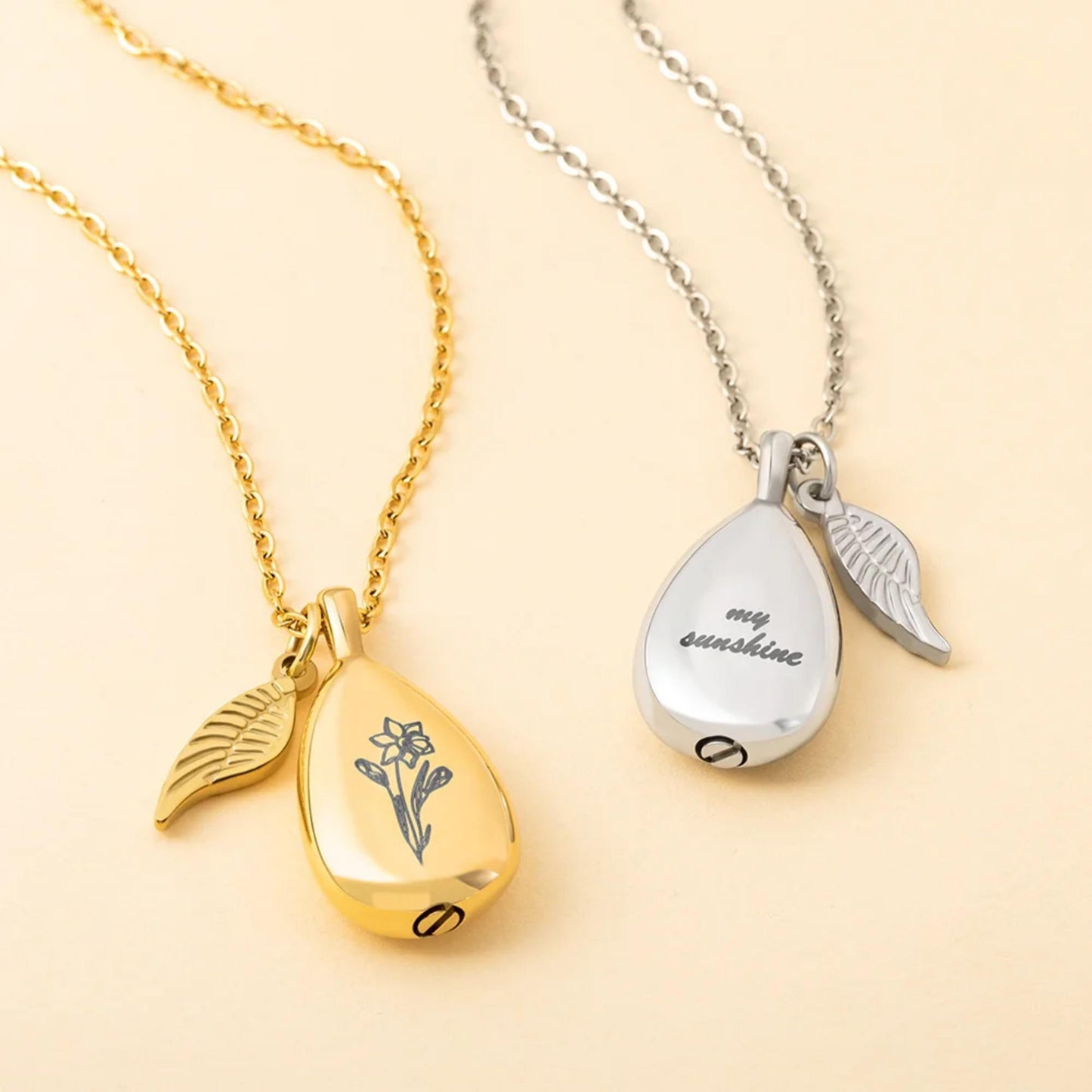 Custom Birth Flower Urn Necklace with Wing