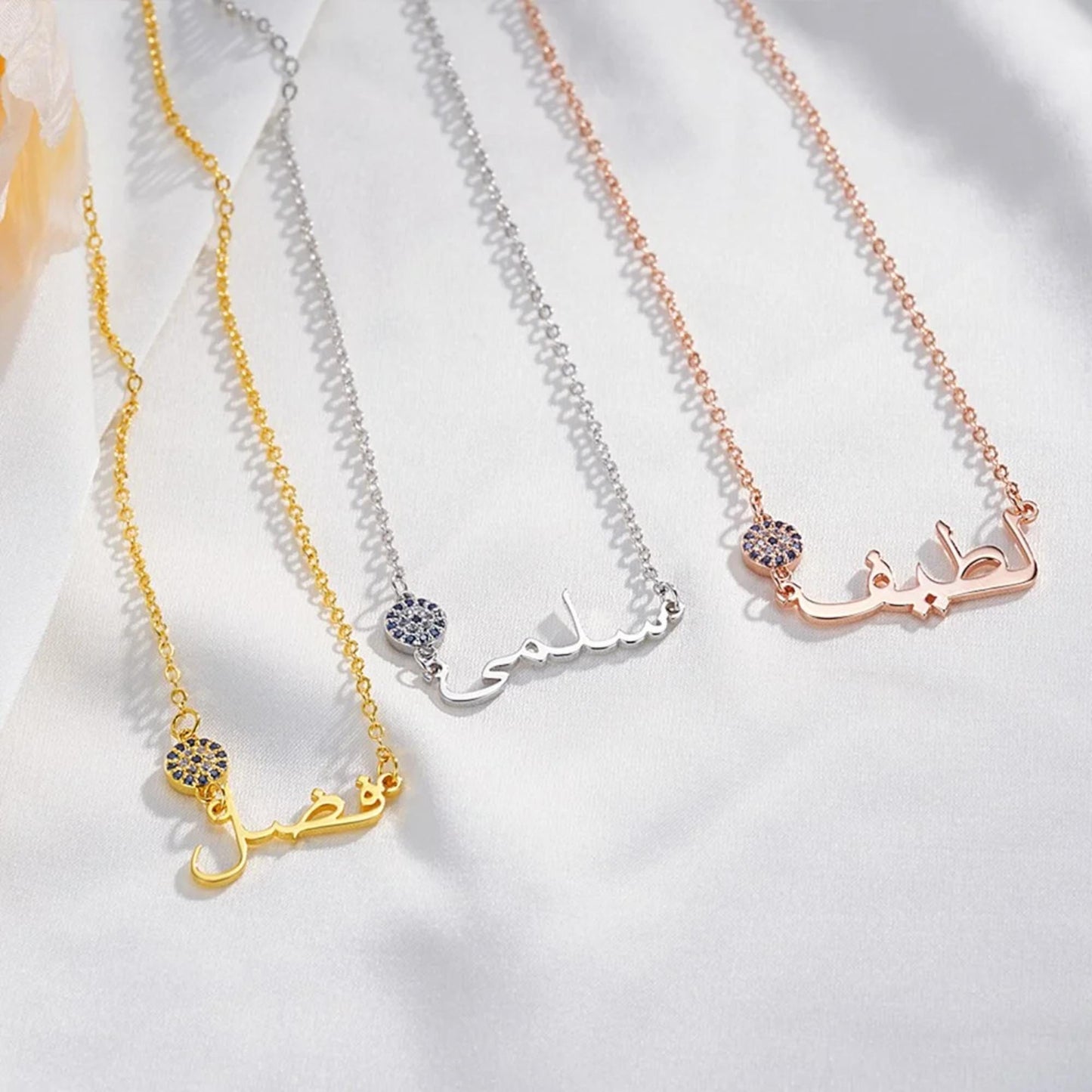 Custom Arabic Name Necklace with Evil Eye Charm