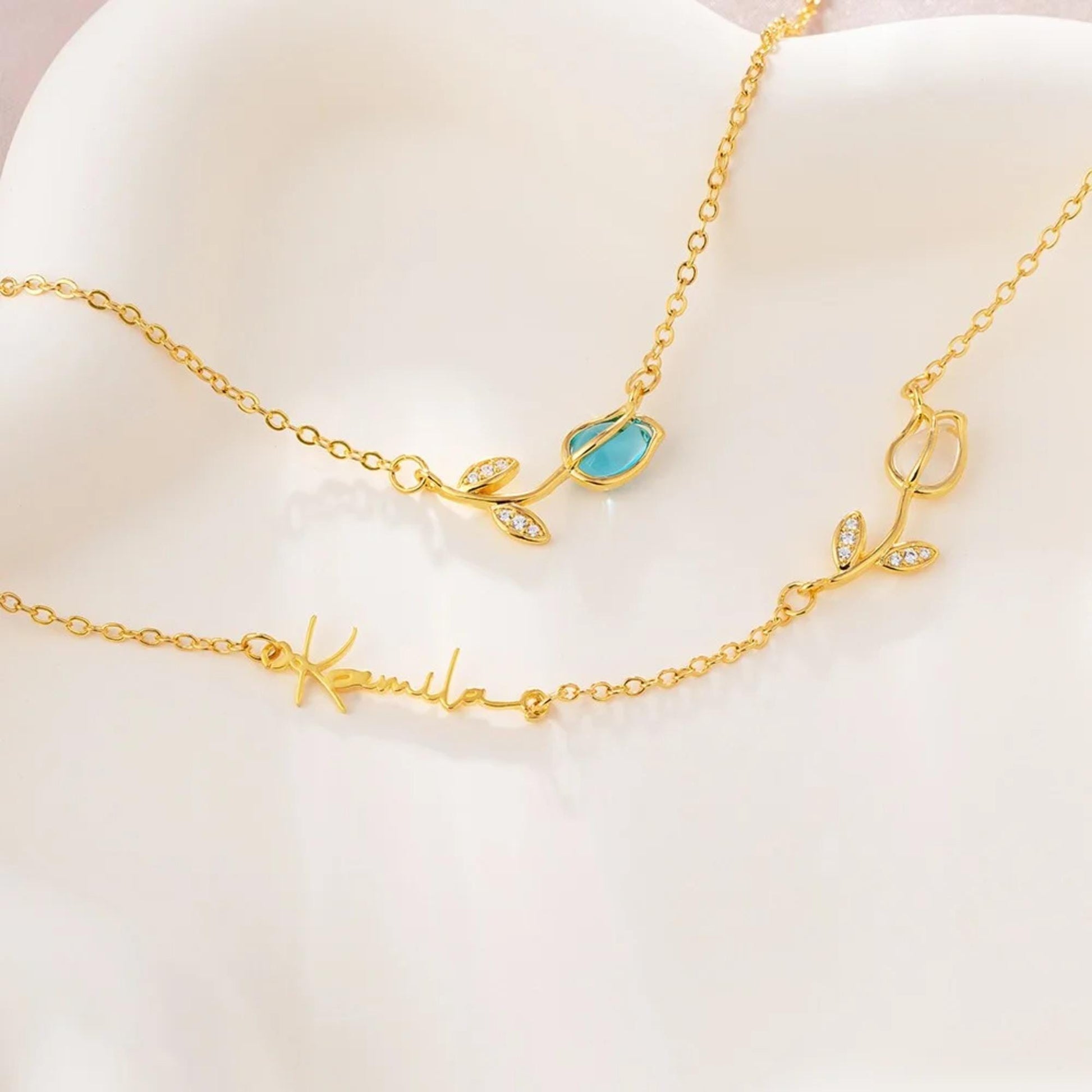 Personalized 3D Tulip Birthstone Necklace with Sideway Name