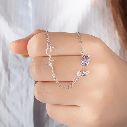Personalized 3D Tulip Birthstone Necklace with Sideway Name