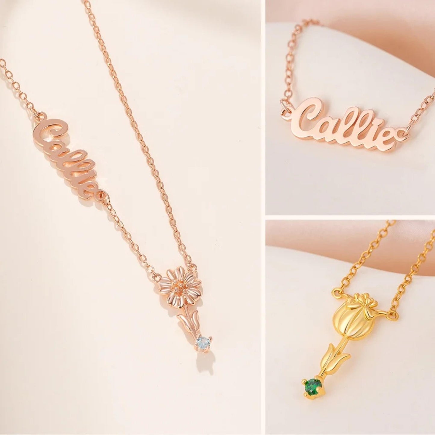 Personalized Sideway Name Necklace with Birthstone & Flower