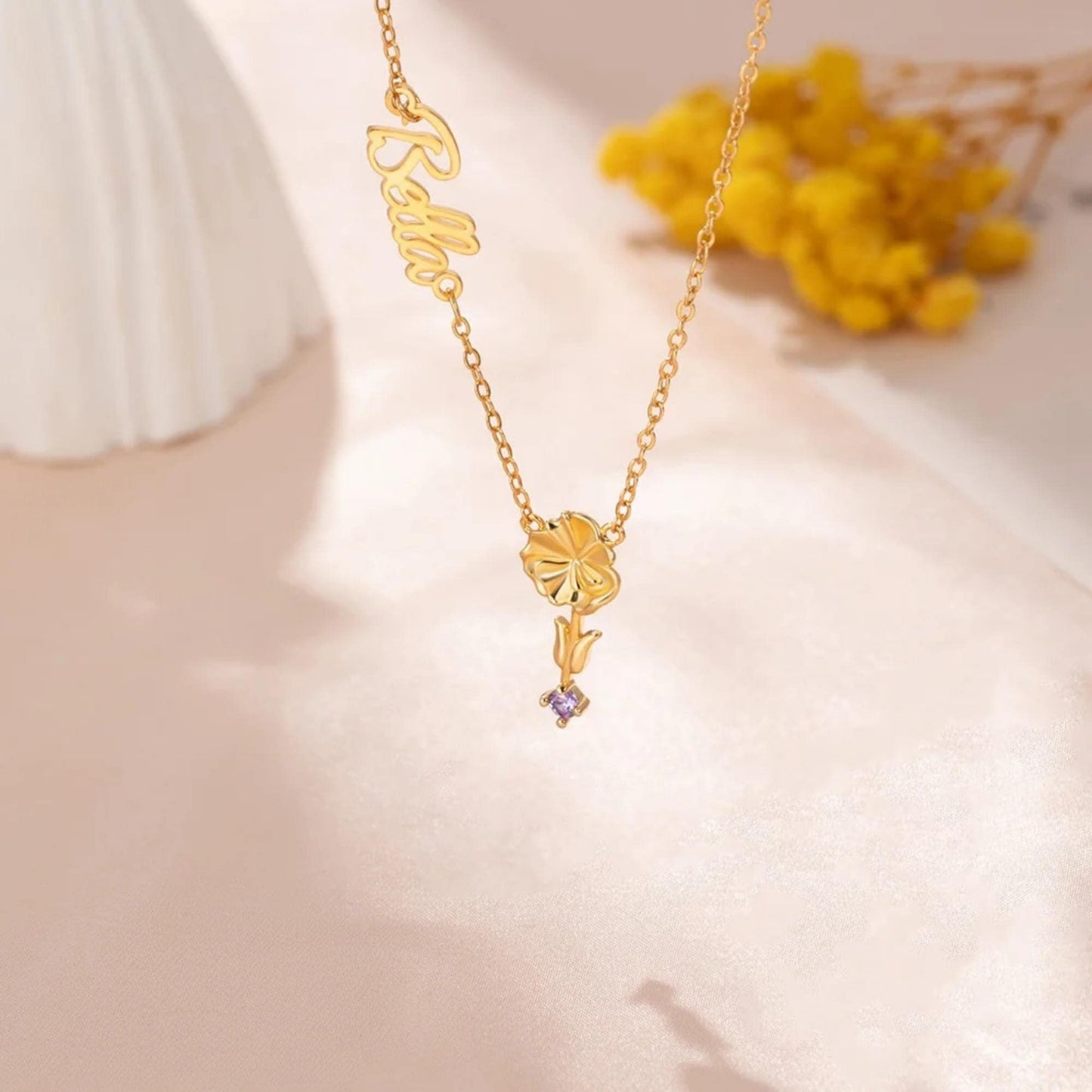 Personalized Sideway Name Necklace with Birthstone & Flower