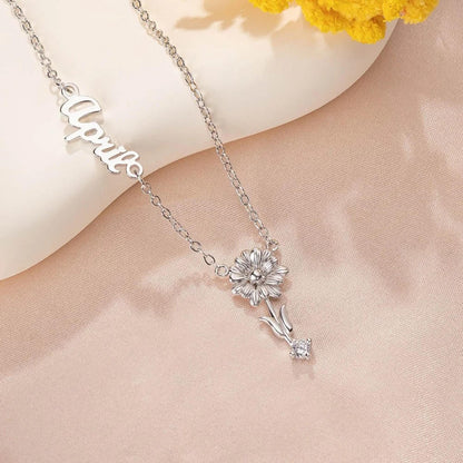 Personalized Sideway Name Necklace with Birthstone & Flower