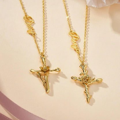 Personalized Birth Flower Cross Pendant Necklace