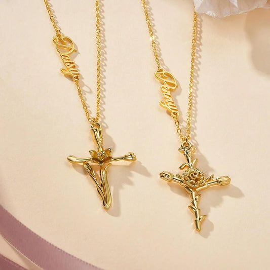 Personalized Birth Flower Cross Pendant Necklace