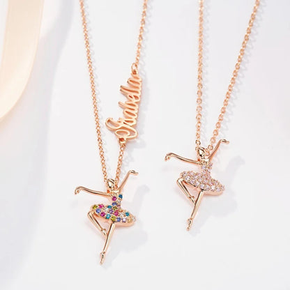 Personalized Ballerina Necklace with Sideways Name and Birthstone