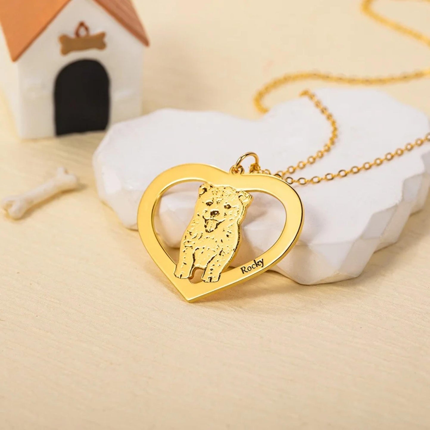 Pet Portrait Necklace Heart Pendant with Engraved Name