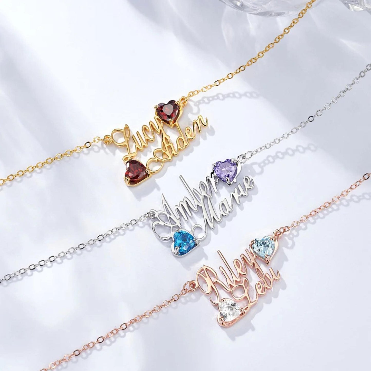 Personalized 2 Names Necklace with 2 Birthstones