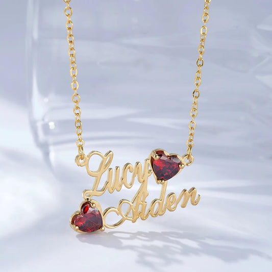 Personalized 2 Names Necklace with 2 Birthstones
