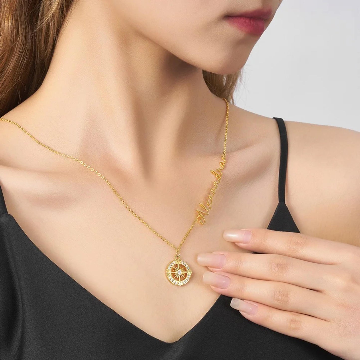 Personalized Sideways Name Compass Necklace