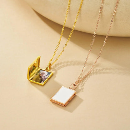 Enamel Rectangle Memorial Photo Locket Necklace