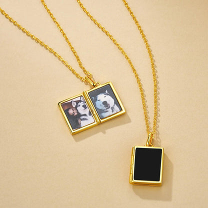 Enamel Rectangle Memorial Photo Locket Necklace