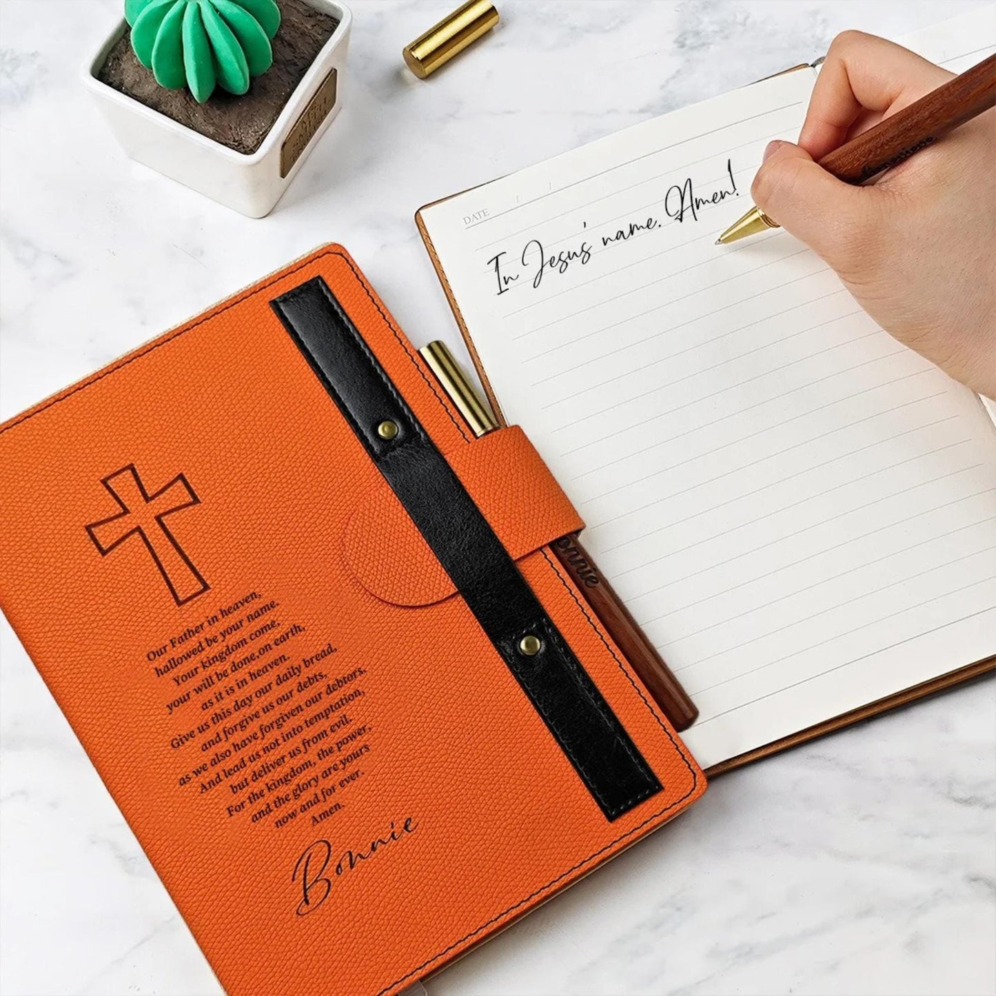 Cross Lord's Prayer Journal with PU Leather Cover & Wooden Pen