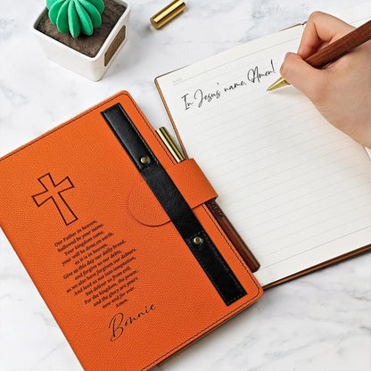 Cross Lord's Prayer Journal with PU Leather Cover & Wooden Pen