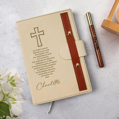 Cross Lord's Prayer Journal with PU Leather Cover & Wooden Pen