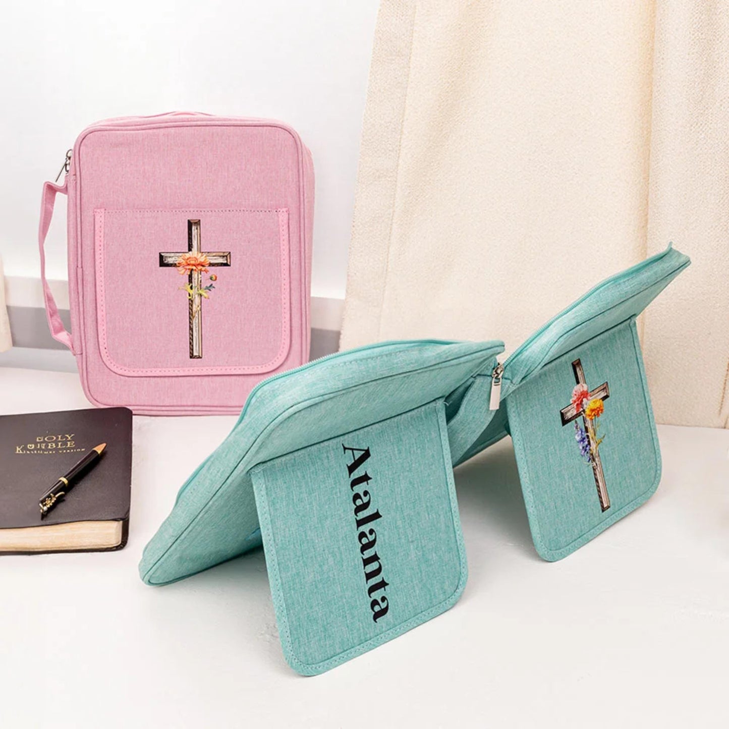 Personalized Birth Flower Bible Cover with Cross