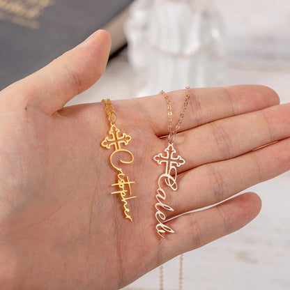 Personalized Dainty Cross Name Necklace