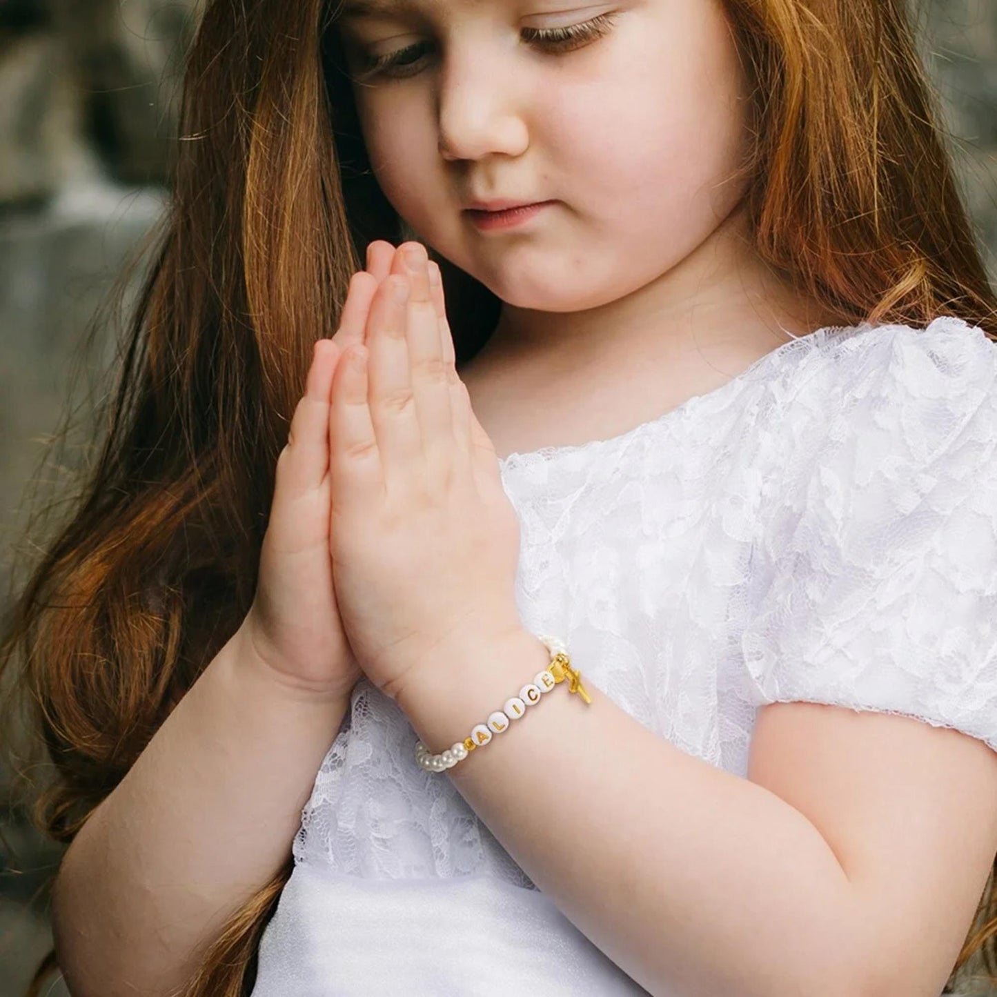 Name Beaded Gold Cross Bracelet with Faux Pearls & Initials