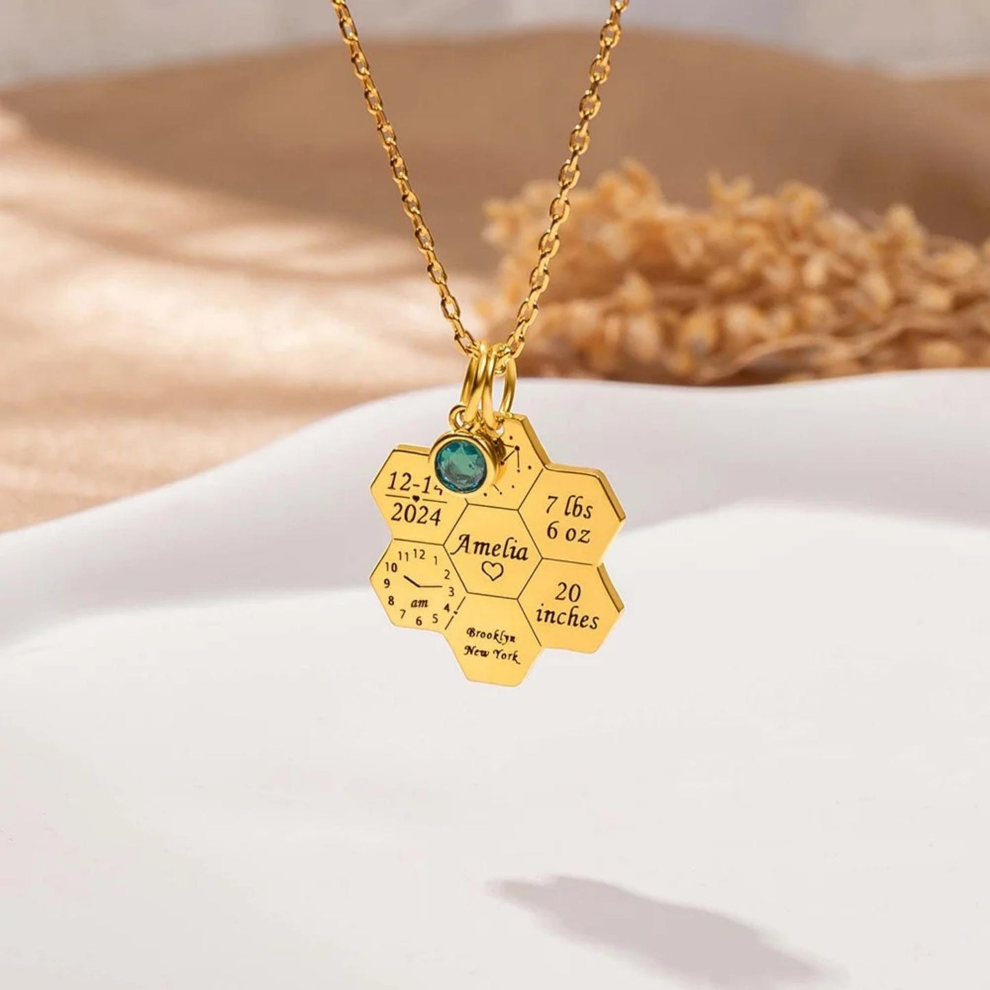 Honeycomb Baby Birth Stats Necklace with Birthstone