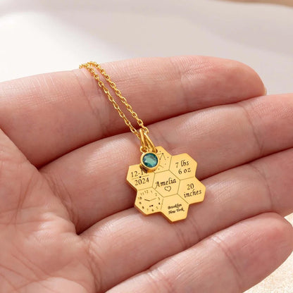 Honeycomb Baby Birth Stats Necklace with Birthstone