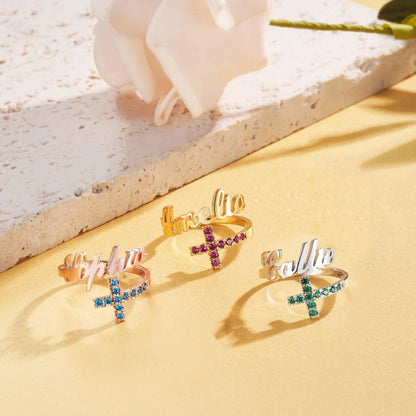Name Cross Ring with Custom Birthstones