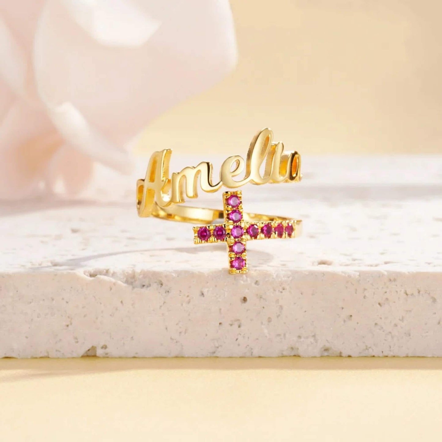 Name Cross Ring with Custom Birthstones