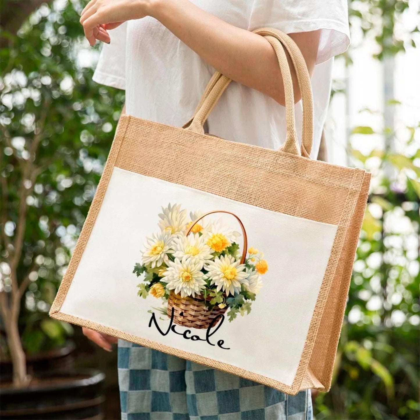 Personalized Birth Flower Jute Tote Bag