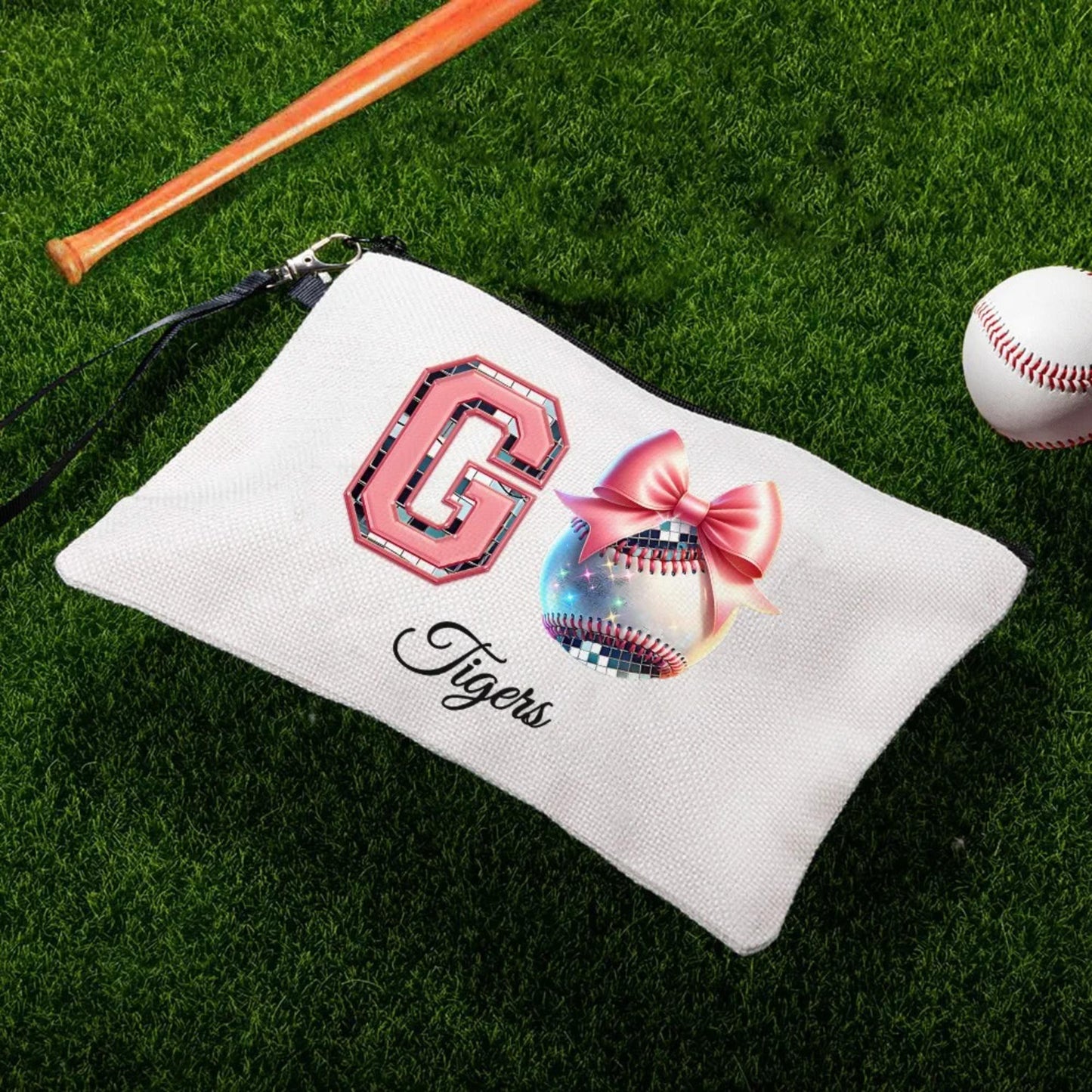 Custom Name Bow Disco Ball Theme Linen Makeup Bag