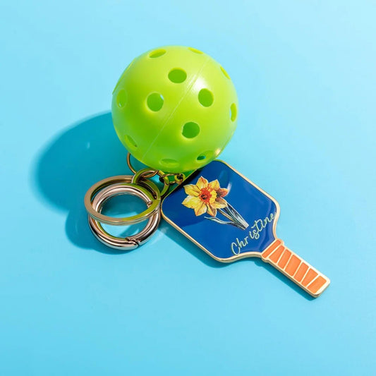 Birth Flower Pickleball Paddle Keychain with Name