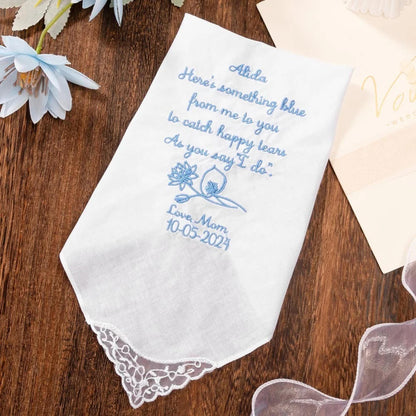 Embroidered Wedding Handkerchief with Birth Flower, Name & Date