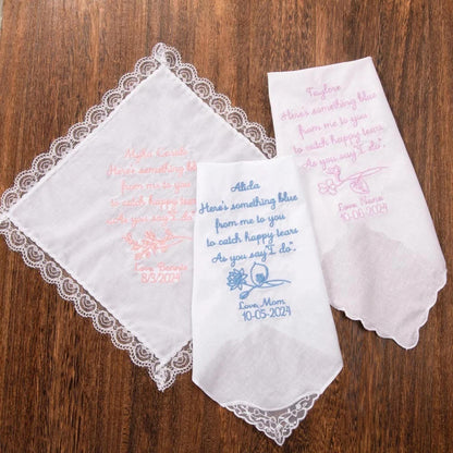 Embroidered Wedding Handkerchief with Birth Flower, Name & Date