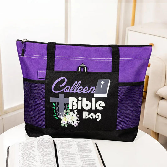 Personalized Name Bible Tote Bag with Cross and Flowers