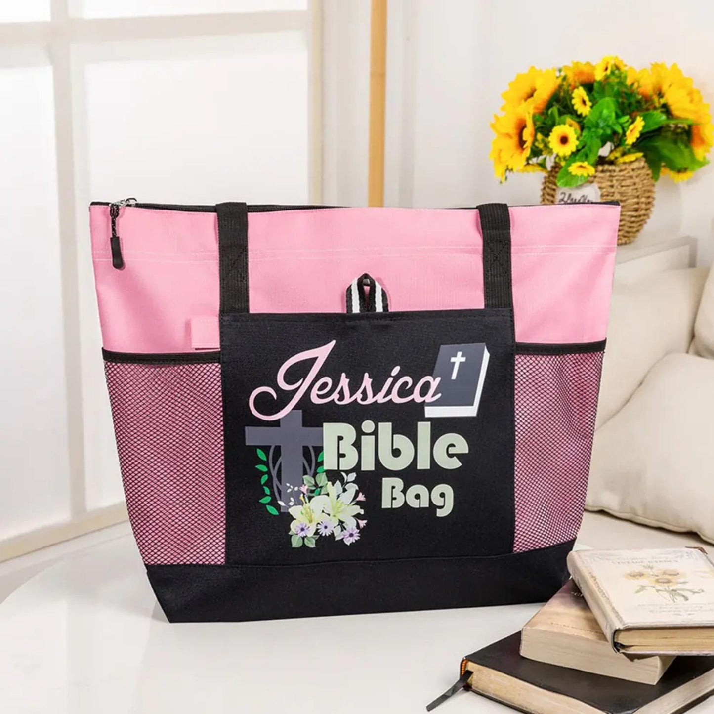 Personalized Name Bible Tote Bag with Cross and Flowers