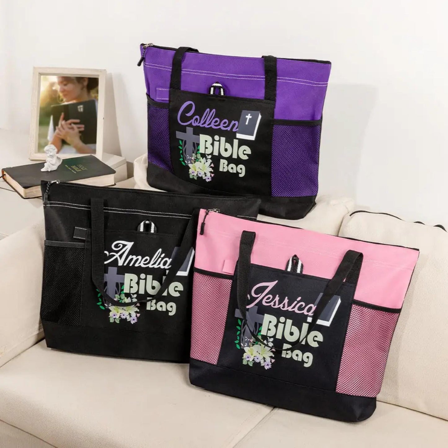 Personalized Name Bible Tote Bag with Cross and Flowers