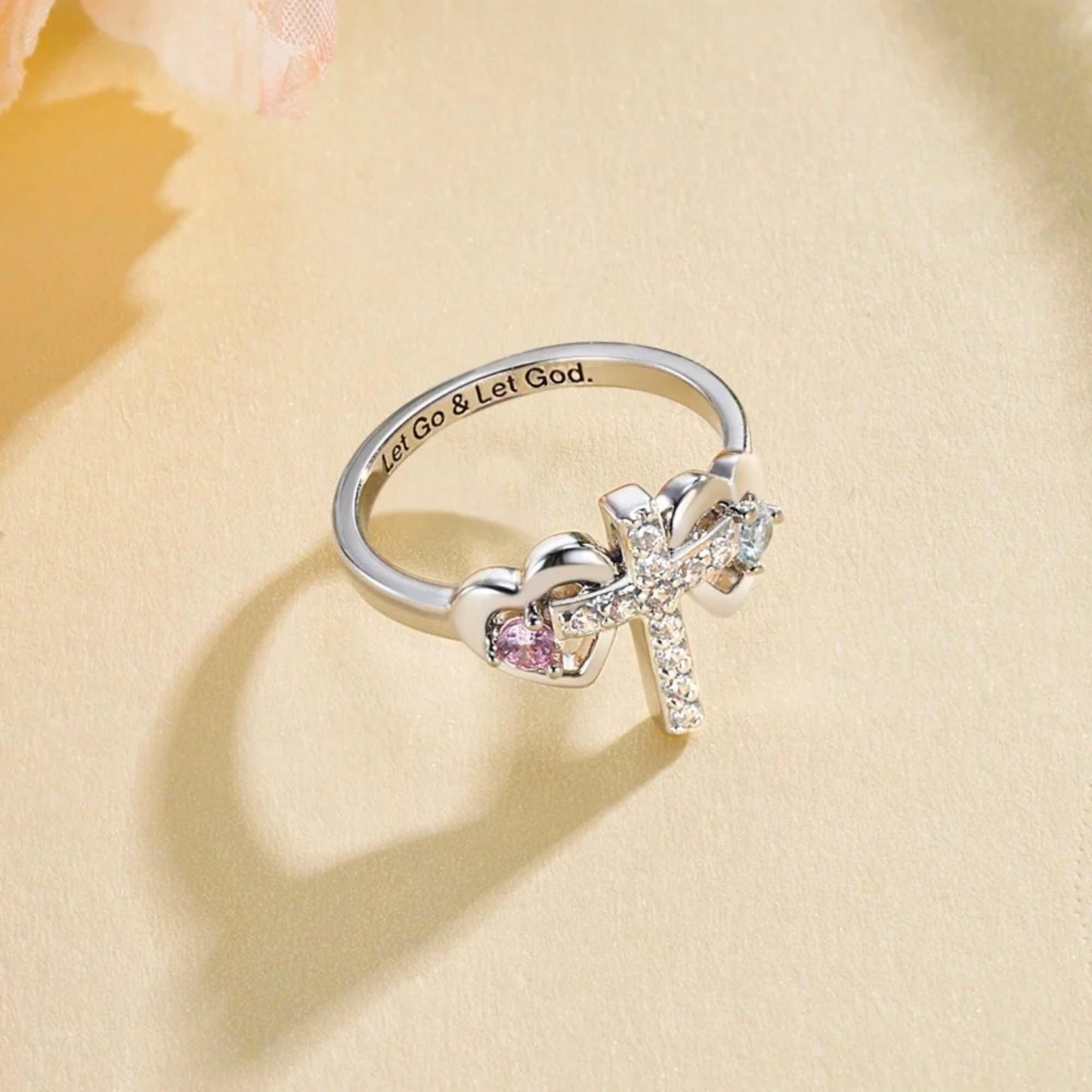 Engraved Double Birthstone Hearts Cross Ring