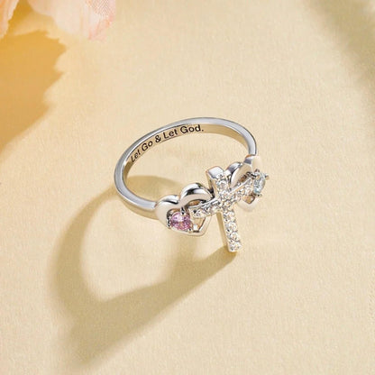 Engraved Double Birthstone Hearts Cross Ring
