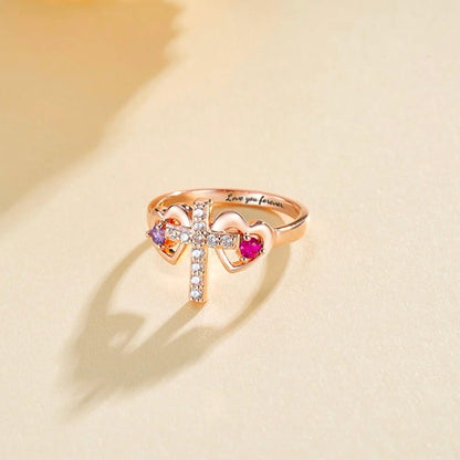 Engraved Double Birthstone Hearts Cross Ring