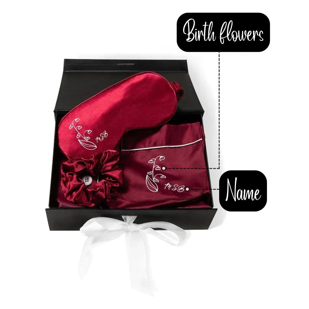 Name Birth Flower Satin Nightgown Gift Set with Eye Mask & Scrunchie