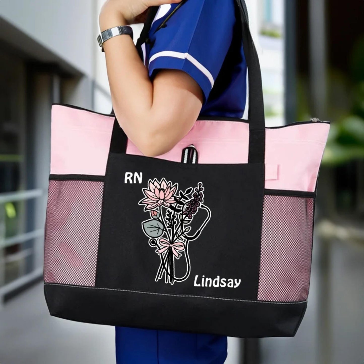 Custom Name Stethoscope Bow Birth Flower Tote Bag