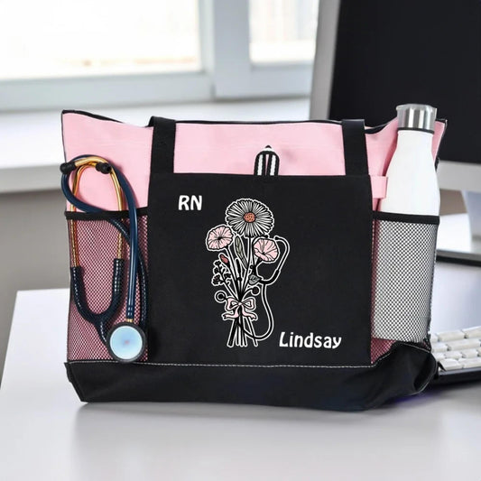 Custom Name Stethoscope Bow Birth Flower Tote Bag