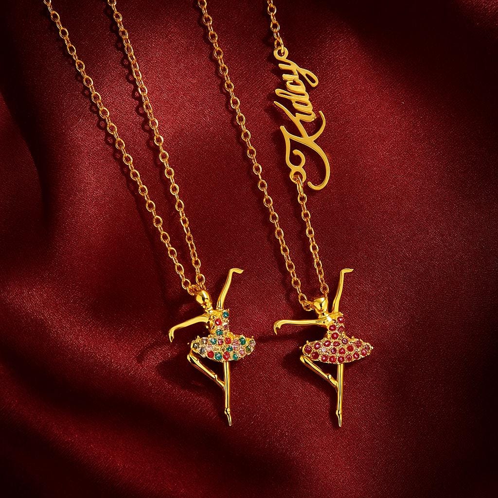 Personalized Ballerina Necklace with Sideways Name and Birthstone