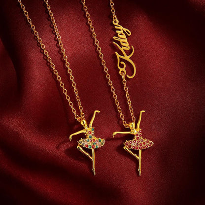 Personalized Ballerina Necklace with Sideways Name and Birthstone