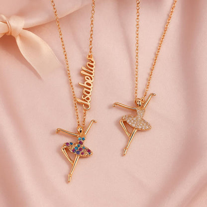 Personalized Ballerina Necklace with Sideways Name and Birthstone