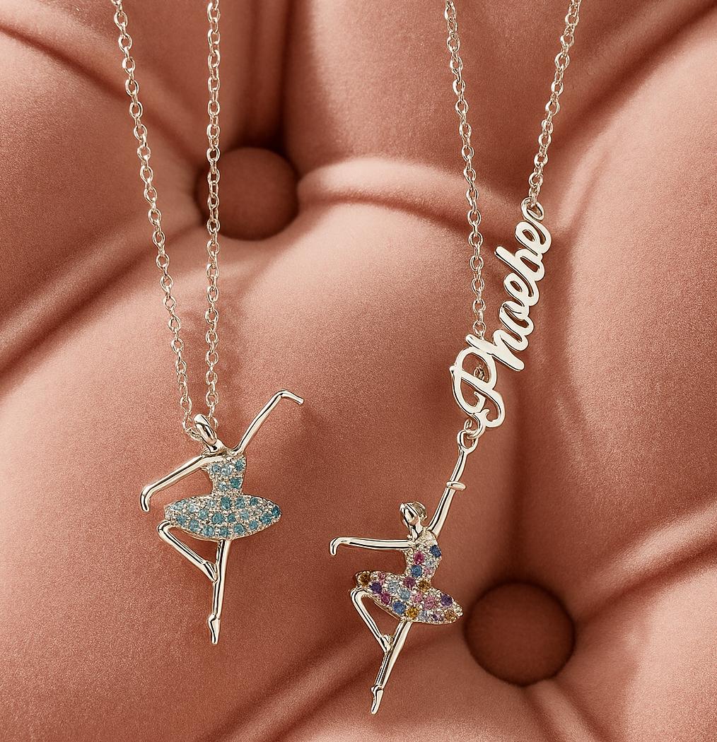 Personalized Ballerina Necklace with Sideways Name and Birthstone
