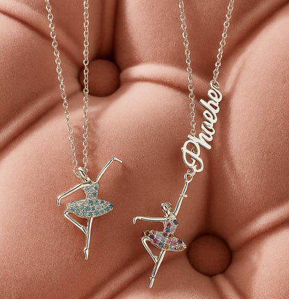 Personalized Ballerina Necklace with Sideways Name and Birthstone