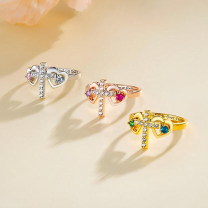 Engraved Double Birthstone Hearts Cross Ring
