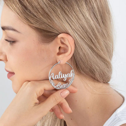 Custom Birthflower Hoop Earrings with Name