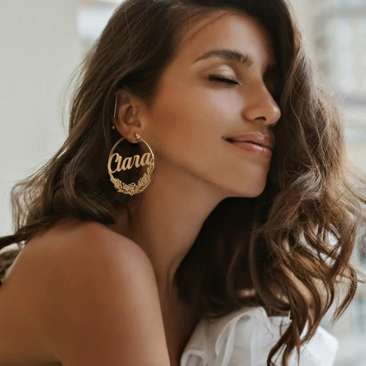 Custom Birthflower Hoop Earrings with Name